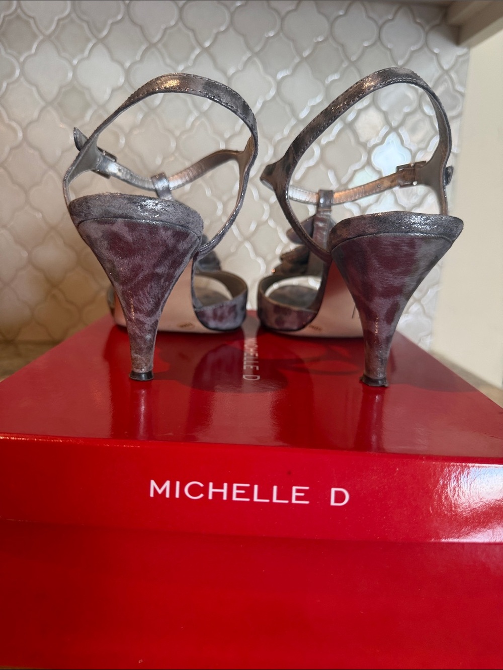 Michelle D Metallic Silver Ruffle Front Open-Toe Heels - Picture 4 of 5